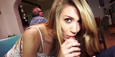 Horny cute teen seduces dad's friend at the dining table