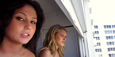 Brunette bitch and her blonde girlfriend sharing two big dicks