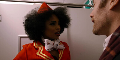 Hot Ebony stewardess sucks white dick in toilet cabin