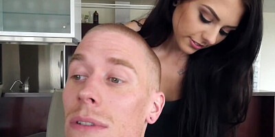 Brunette dominates boy who licks pussy and receives a blowjob