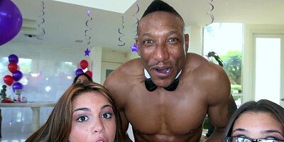 Cocksucking from hot party girls makes the male strippers throb