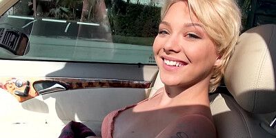 Naughty girl is choking on guy's dick while he is driving