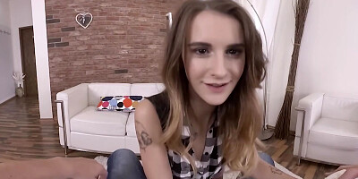 Playful skinny teen takes stiff cock into her own hands