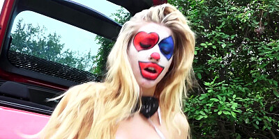 Blonde with a mask on her face is getting fucked on the side of the road