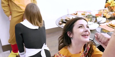 Hot MILF and her stepdaughter turn Thanksgiving dinner into orgy