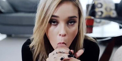 Inked blonde blows cock and copulates in POV video