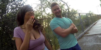 Buddy nails big-boobied chick outside near fence