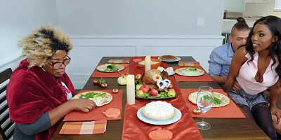 Guy fucks Ebony teen with pierced nipples on Thanksgiving table