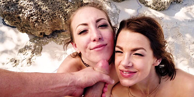Beach threesome with two young cuties that love big dick