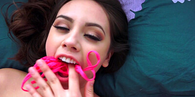 A thin minx holds her panties in her mouth as she is getting fucked