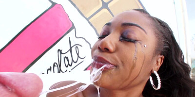 Slobbering black cock sluts give his white dick a double blowjob