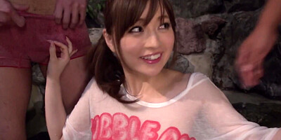 Asian female Saya Niiyama has to give blowjob to two men