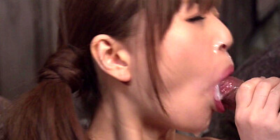 Asian female Saya Niiyama has to give blowjob to two men