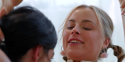 Blonde and brunette are busy playing sapphic games with a dildo