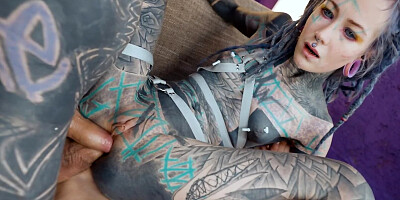 Heavily inked whore analyzed during threesome with hung studs