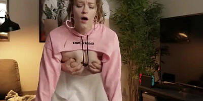 Amateur teen blonde takes cum on big tits after hot sex