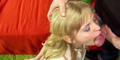 Submissive blonde is bound and face-fucked by a master