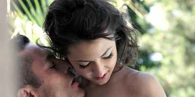 Sexy slut has fun with her man by the swimming pool outdoors