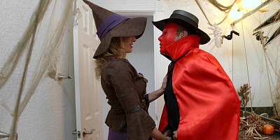 Masked guy fucks busty blonde and her girlfriend