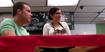 Lovely is nailed in missionary pose on the empty cafe table