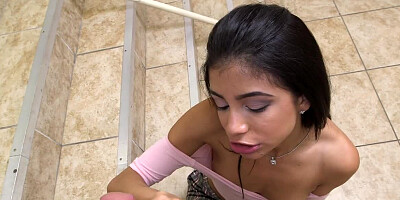 Adorable little vixen is at the bottom of the stars sucking dick