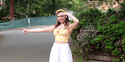 A girl gets a car to stop and then a dick to enter her body