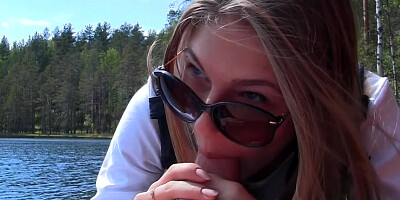 Awesome babe is outside, sucking a cock. Then she fucks in her room