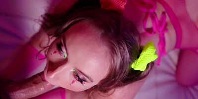Busty pig-tailed gal in fishnet lingerie takes dick into pink ass