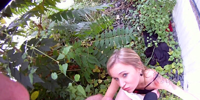 Hot blonde girl is having oral and vaginal sex outdoors