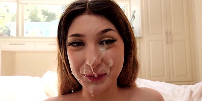 Filthy facial for busty whore after threesome