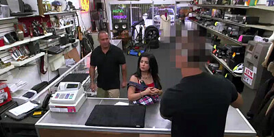 Sexy latina with big tits is fucked in the back office of a pawn shop for money