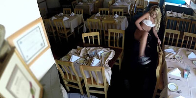 A girl is getting her pussy licked in a restaurant here