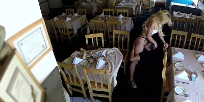 A girl is getting her pussy licked in a restaurant here