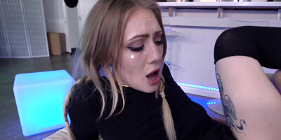 Naughty blonde pulls her panties aside for a quick sex