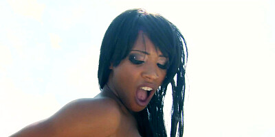 A black chick is getting her pussy fucked while she is in the sun