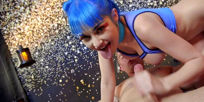 Lassie with blue wig and heavy makeup gets bonked by the bald man