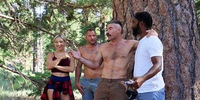 Blonde slut facialized after great threesome in the forest