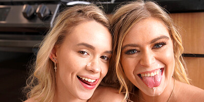 Two juicy blondes fucking with a lucky dude in threesome