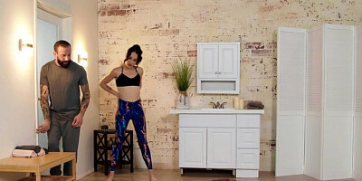 Skinny model with long legs takes care of a fella