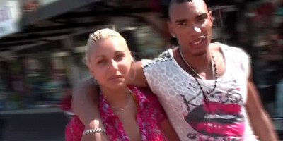 Russian blonde allows black man to play with her tits outdoors