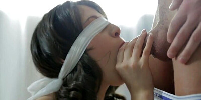 Blindfolded girlfriend is surprised with a threesome