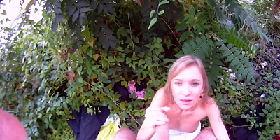 Slutty blonde is giving head and pussy in the garden