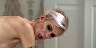 Young guy treats shaved vagina of old blonde with hard penis