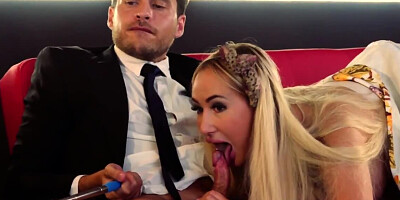 Blonde uses selfie stick during threesome on the red couch