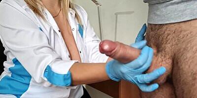 Sexy nurse examines my big fat cock gets excited and masturbates on big tits my wife wait next door