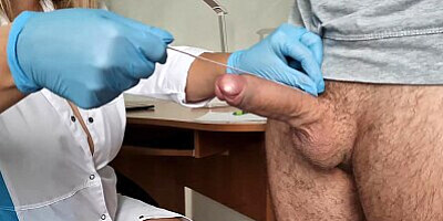 Sexy nurse examines my big fat cock gets excited and masturbates on big tits my wife wait next door