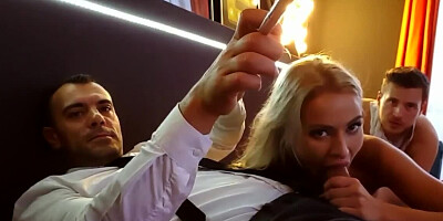 Girl gets mouth and muff scored and then another babe joins