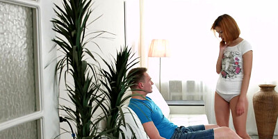 Athletic guy assfucks red-haired girlfriend for first time