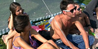 Hot women get naked outside and then the suck dick and also dance