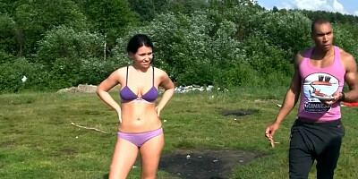 Hot women get naked outside and then the suck dick and also dance